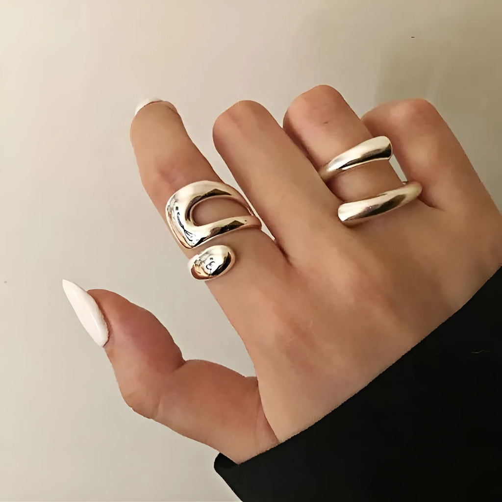 Irregular line open ring for women with geometric heart design, zinc alloy, electroplated finish