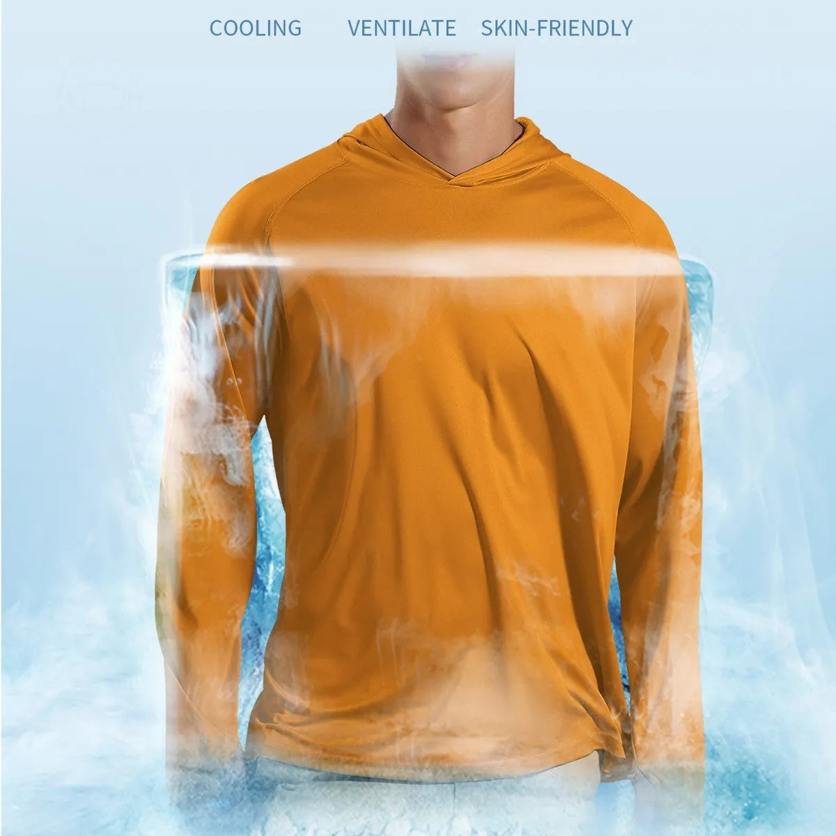 Outdoor hooded long sleeve top for UV protection in solid colours like black and sky blue.