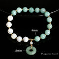 Blue Burma jade bracelet with 8mm round beads and a silver safety buckle clasp.
