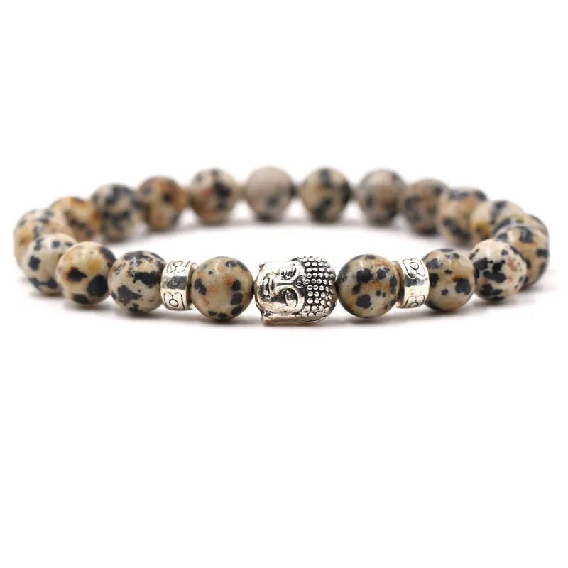 Tigereye Buddha Head stretch bracelet with 8mm natural stone beads on a wrist, showing the Buddha head charm and elastic design.