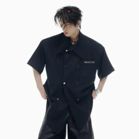 Men's loose fit short-sleeved shirt with lapel collar, metal decorations, in white, black, or blue colours