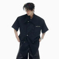 Men's loose fit short-sleeved shirt with lapel collar, metal decorations, in white, black, or blue colours