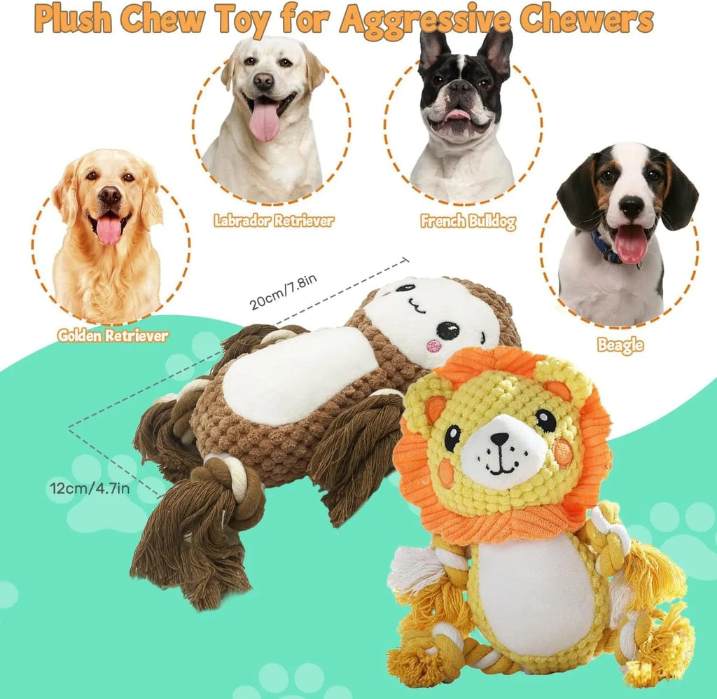 Two plush squeaky dog toys showing lion and monkey designs for medium to large breed dogs