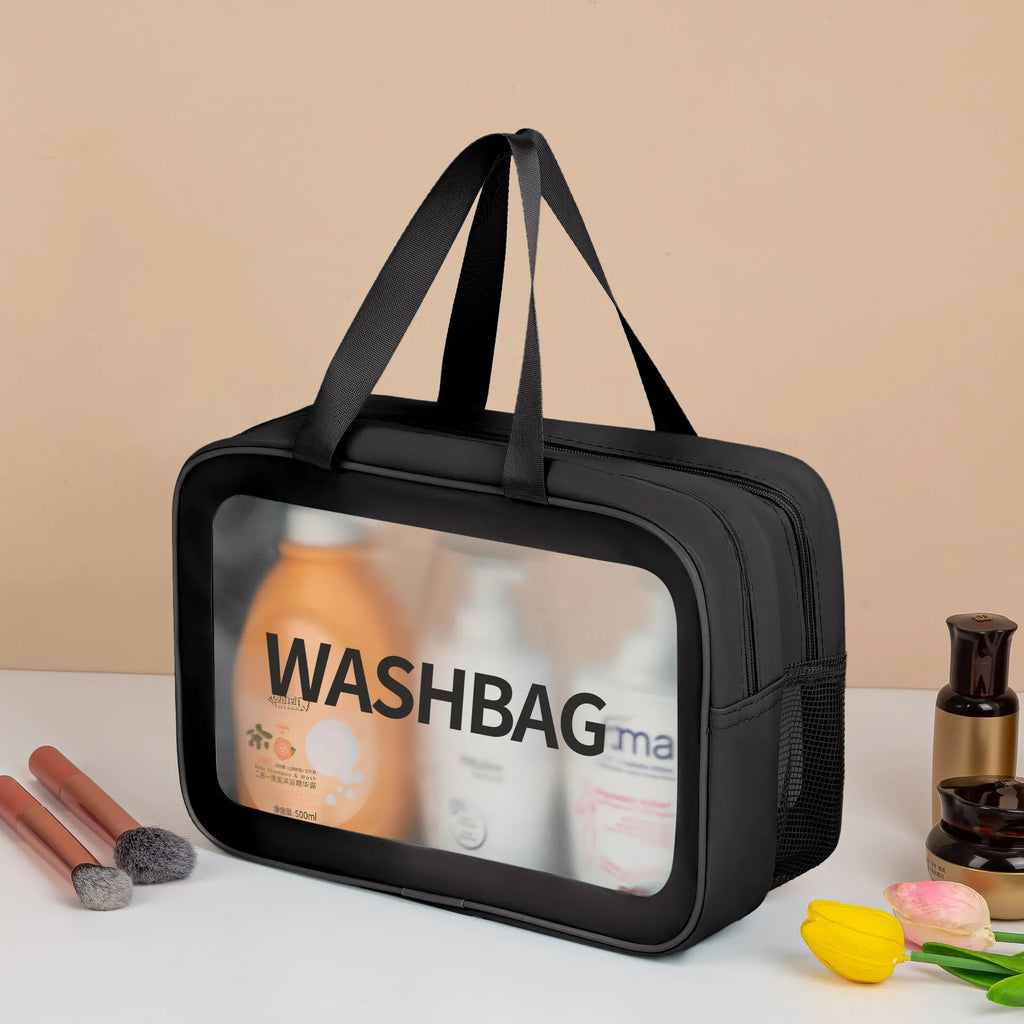 Three-piece PVC wash bag set in transparent beige, white, black, pink and blue with large, medium and small sizes