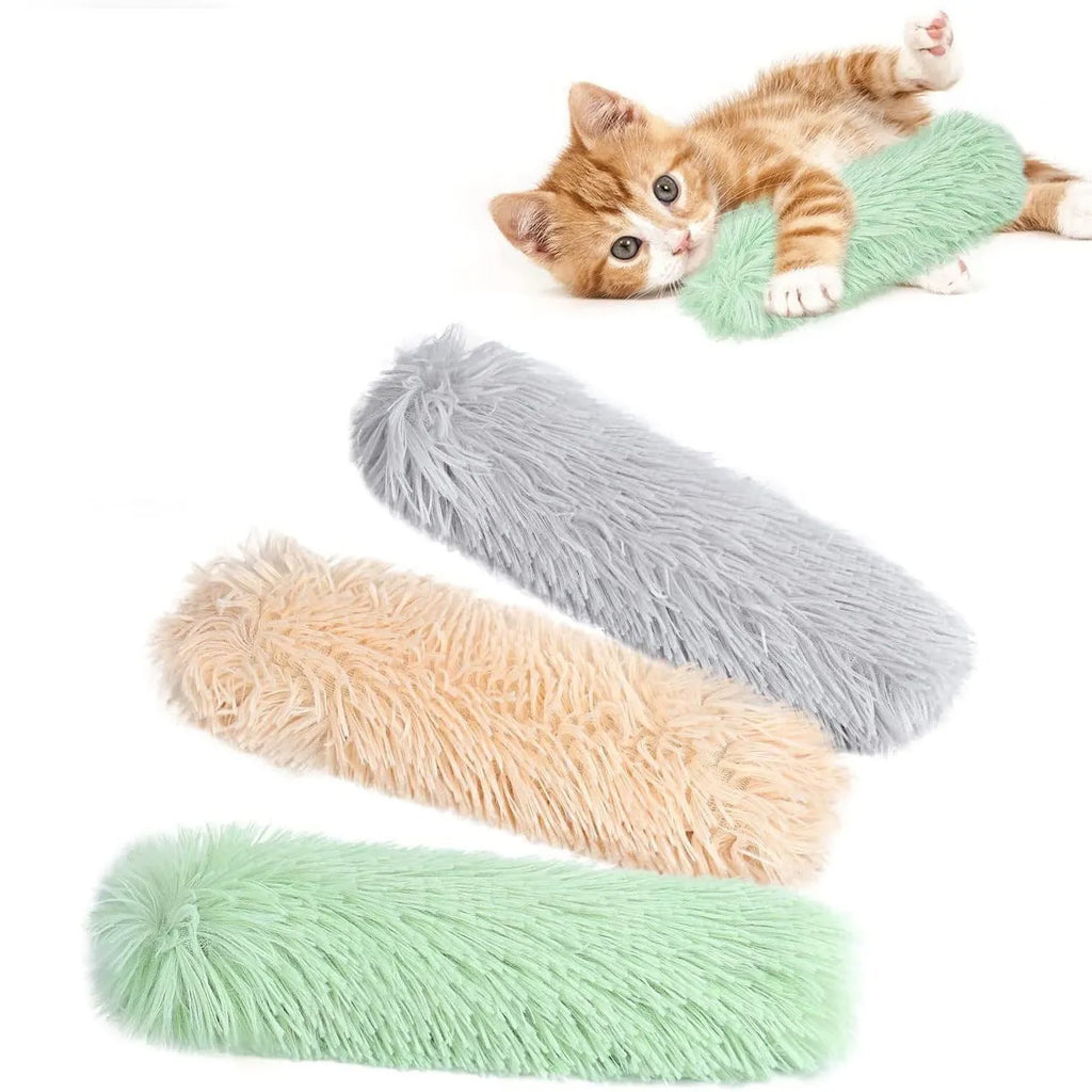 27cm by 10cm plush cat toy pillow in blue, green, pink, or white colour options