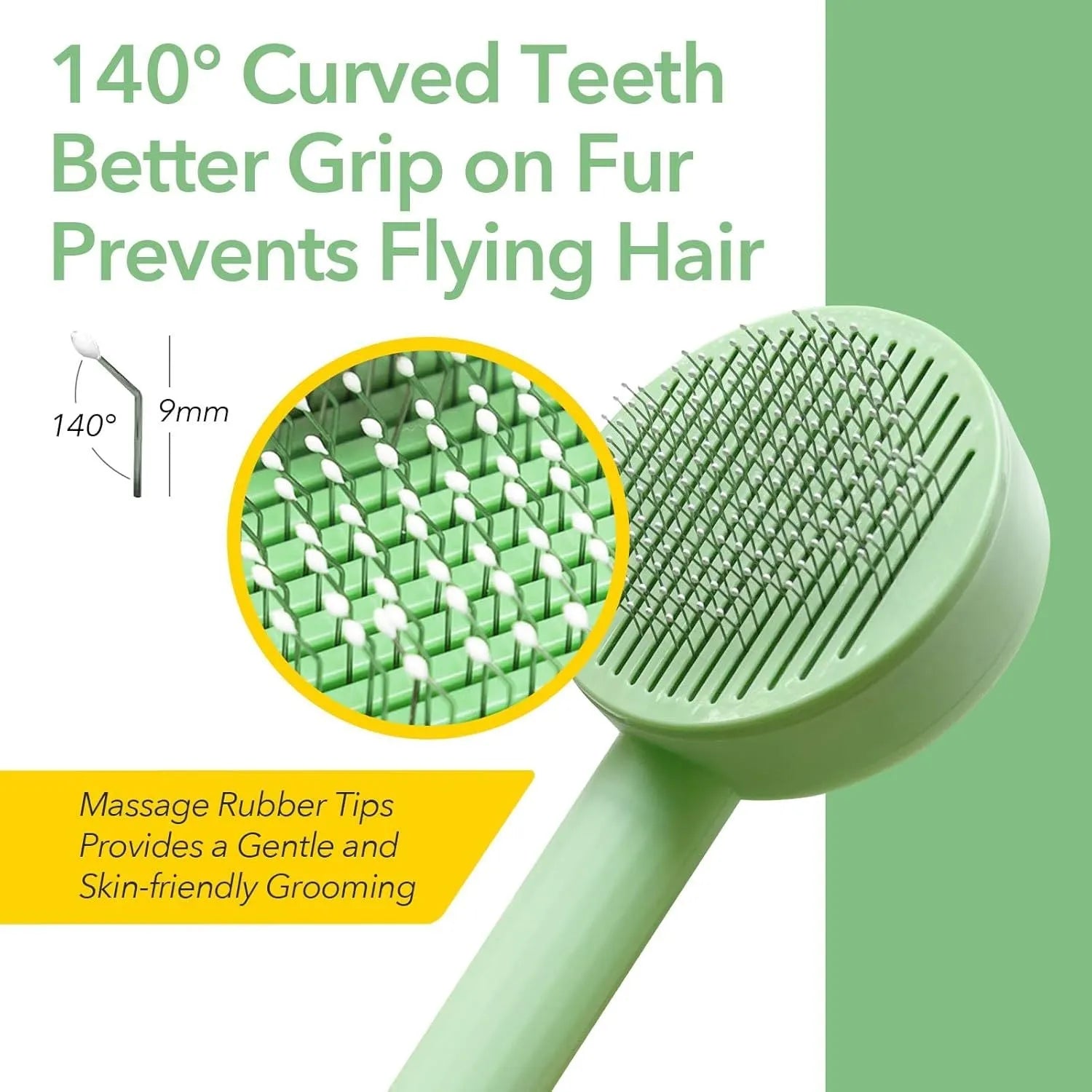 Green and yellow 2-in-1 pet grooming brush with stainless steel brush and hanging design