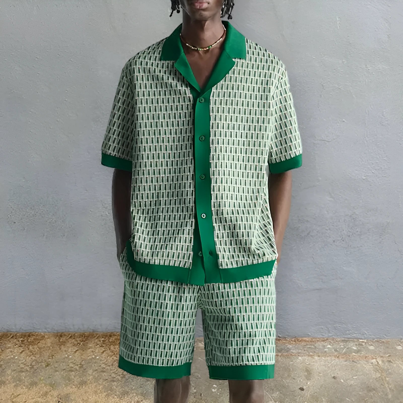 Men's printed beach shirt and shorts two-piece set in MHX01344 colour with elastic fabric