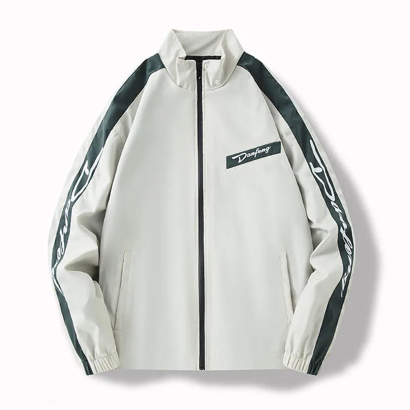 Men's thin loose all-match long sleeve coat with polyester lining, shown in white, dark green, and black, sizes M to 4XL