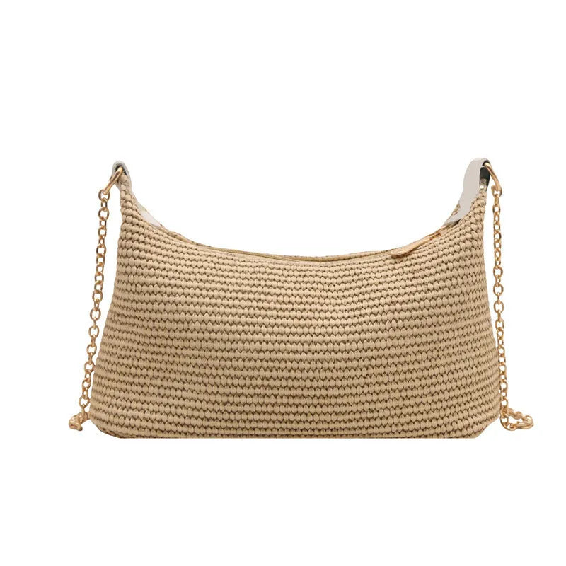 Straw woven beach shoulder tote bag in horizontal square shape with sandwich pocket