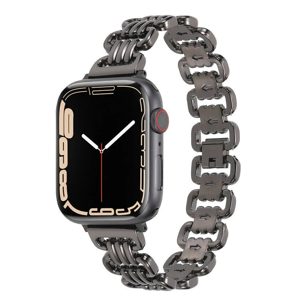 Alloy metal ladies watch bracelet for Apple Watch in silver, black, gold, rose gold, and Starlight colours, sizes 38-49mm