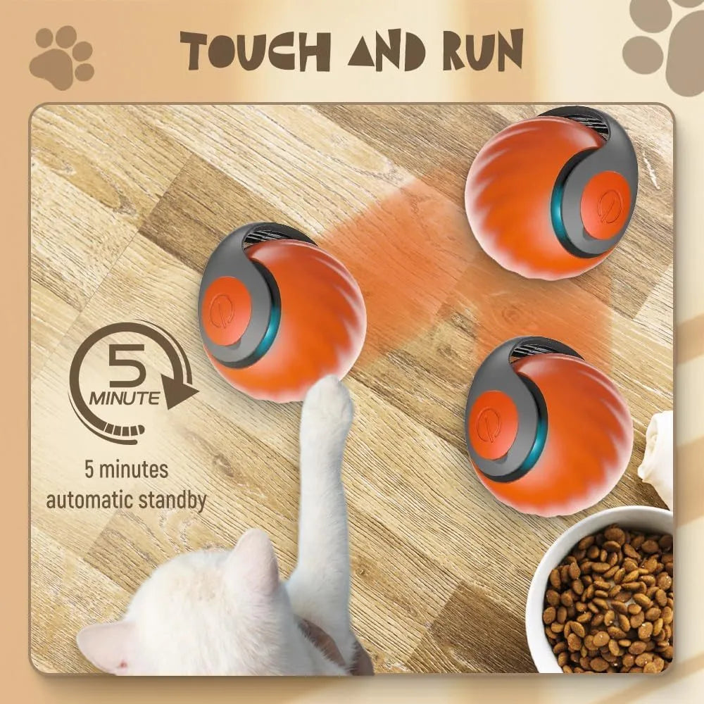 Blue and red interactive rolling ball pet toy for cats and dogs on a floor.