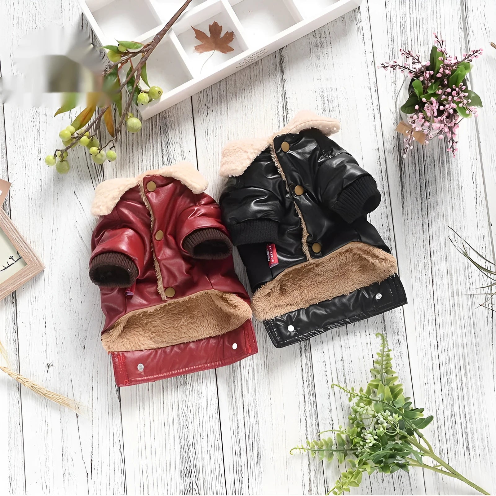 Fleece-lined PU leather dog coat in British style for winter warmth and weather protection