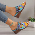 Ethnic Cool Girl Coloured Slope and Totem Slippers in cowhide with rubber sole, showing round toe and totem design