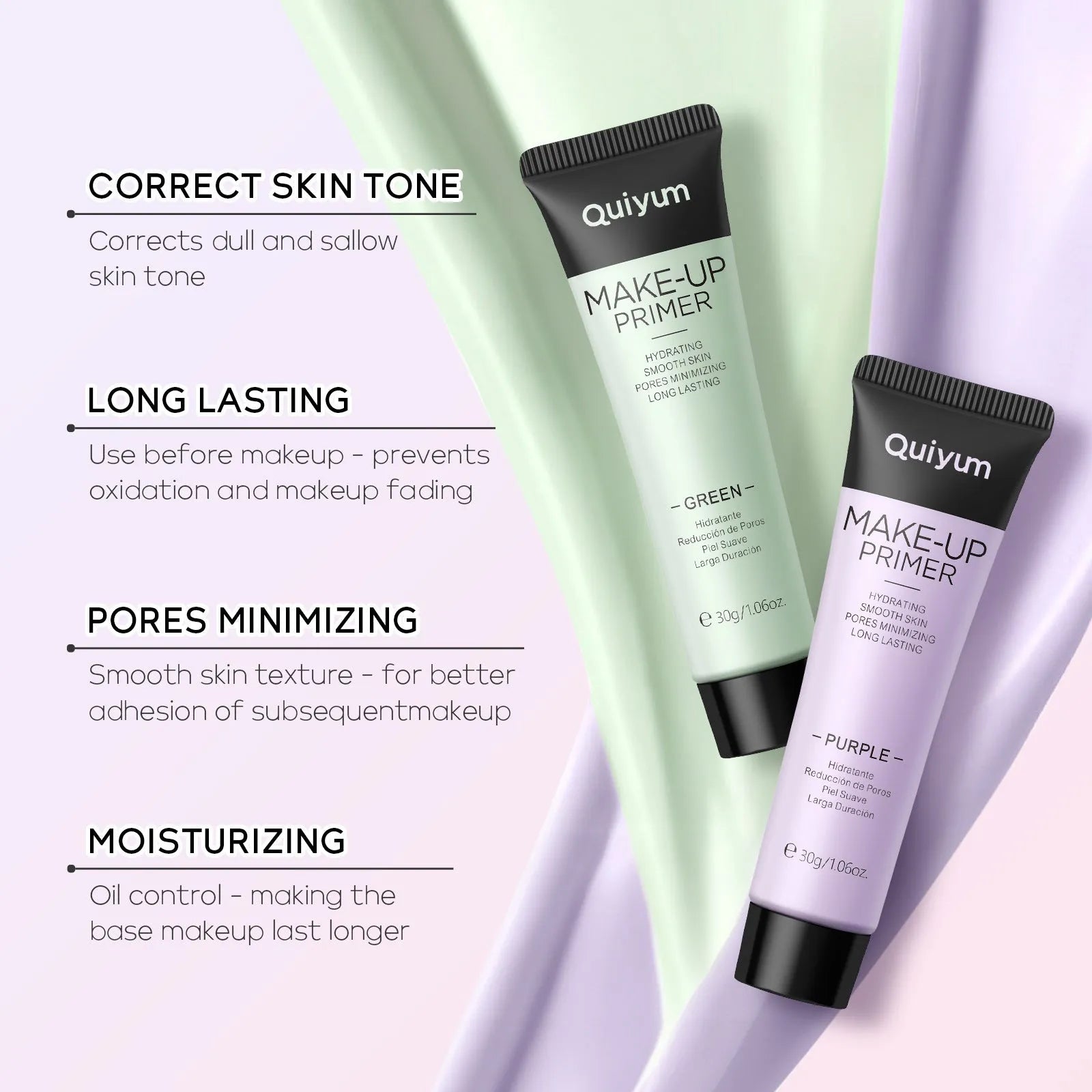 30g colour correcting makeup primer pot in green, pink, purple, and clear shades