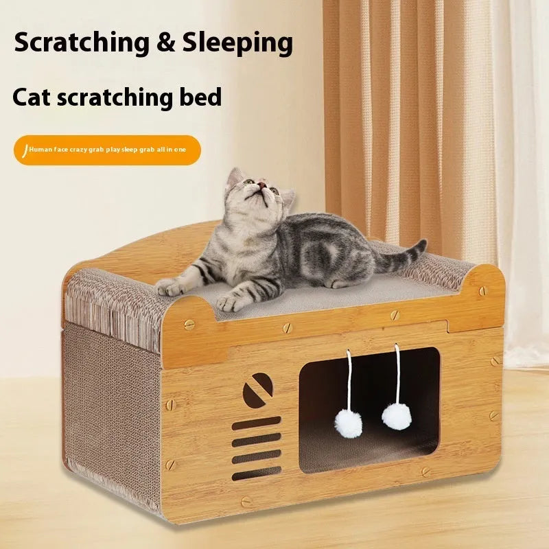 Corrugated paper double layer cat house with double ball double door design