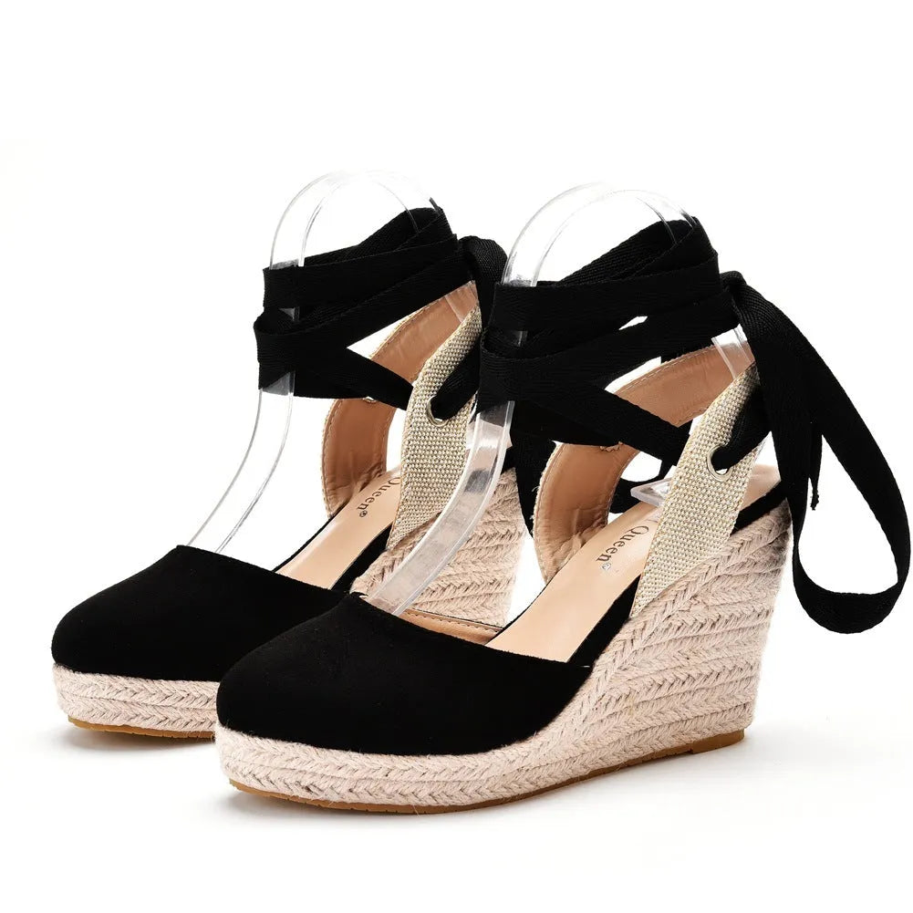 Women's bohemian wedge sandals with beaded tassels, 10.5cm heel, adjustable buckle, in red colour