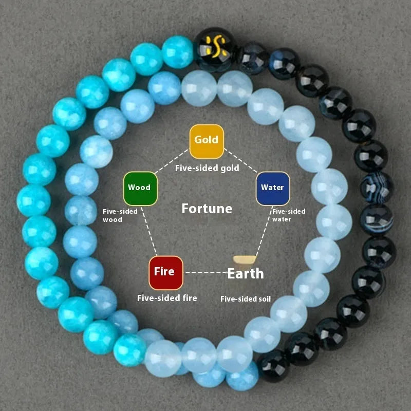 Crystal double ring bracelet in five elements colours with geometric round design and national style elements