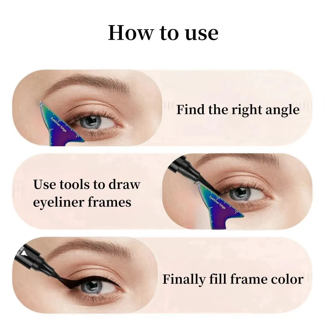 3-in-1 eyeliner stencils tool for hooded eyes, showing winged eyeliner, eyebrow, and face contour templates