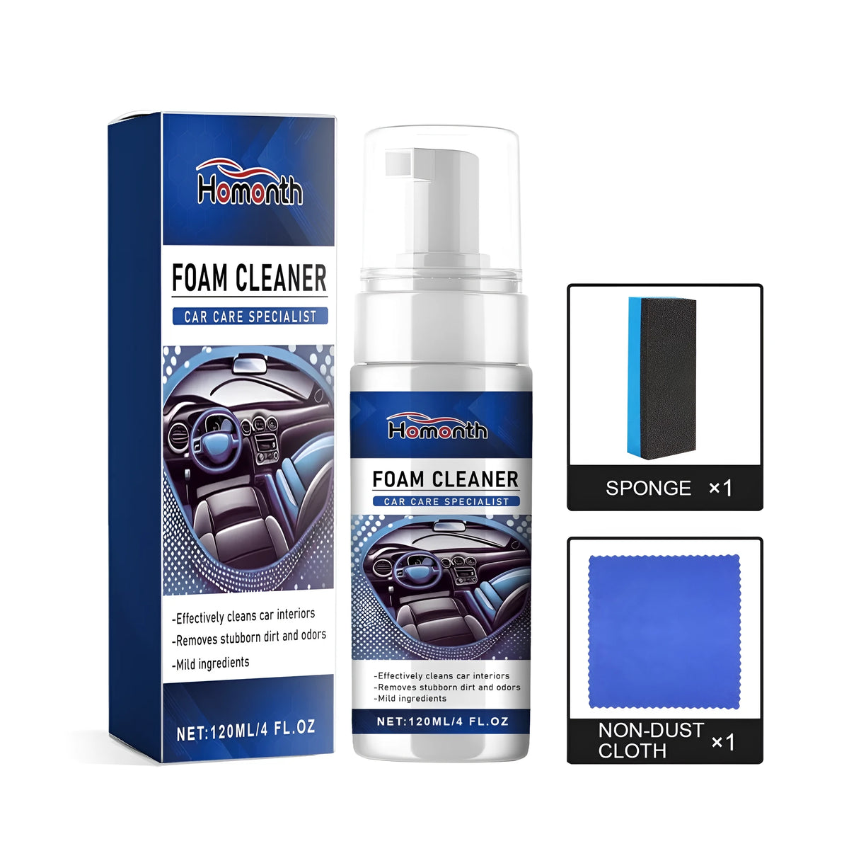 Car interior cleaning kit with spray bottle, microfibre cloth, and sponge for vehicle seats and dashboard