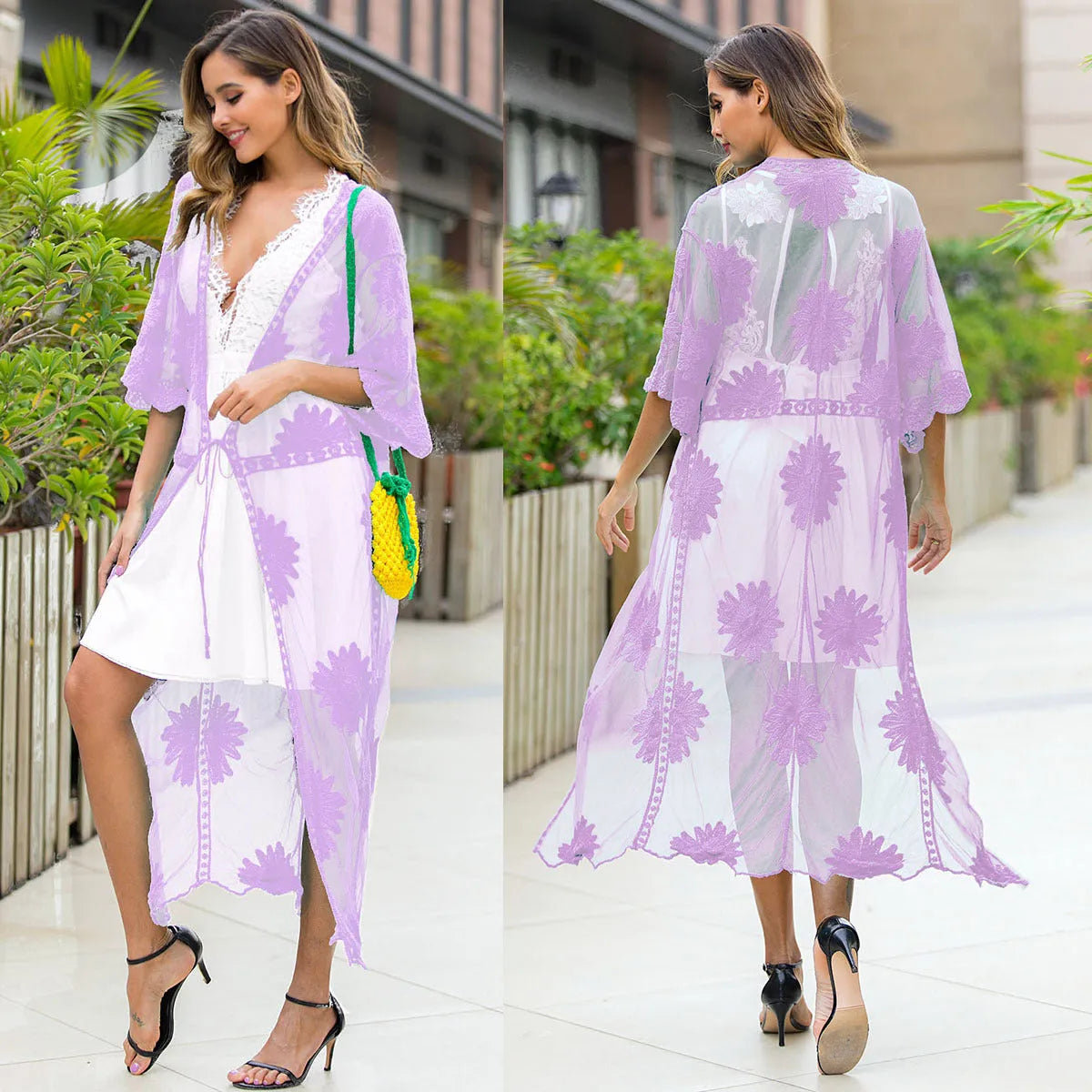 Light purple lace embroidery beach dress with cotton lining for swimming activities