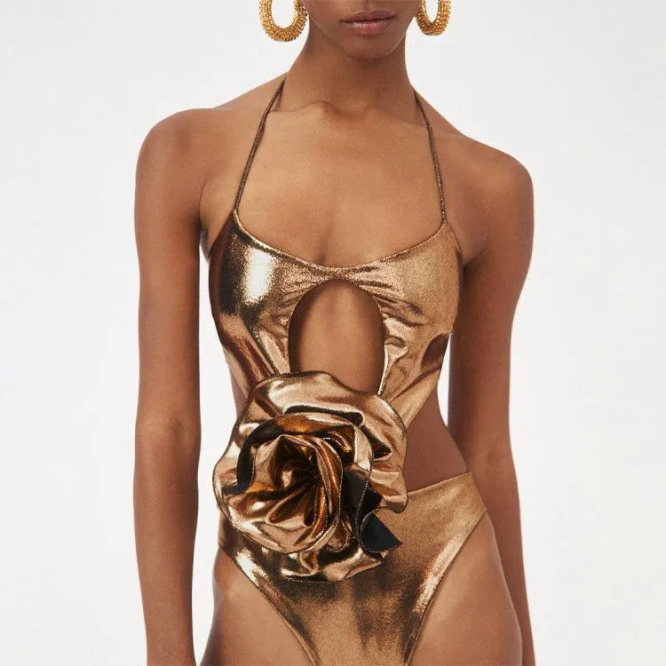 Gold handmade halter neck one-piece swimsuit with hollow out flower design for swimming sports