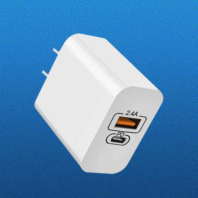 Travel charger with fast charge PD interface for Android phones, bare metal finish, compatible with AU EU UK US outlets