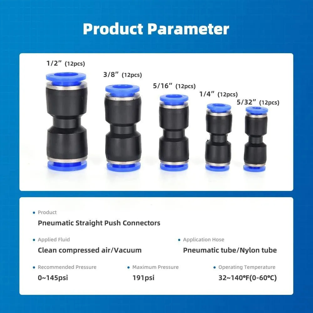 60-piece pneumatic push-in connector set with R1/4 and R1/2 interfaces in alloy plastic
