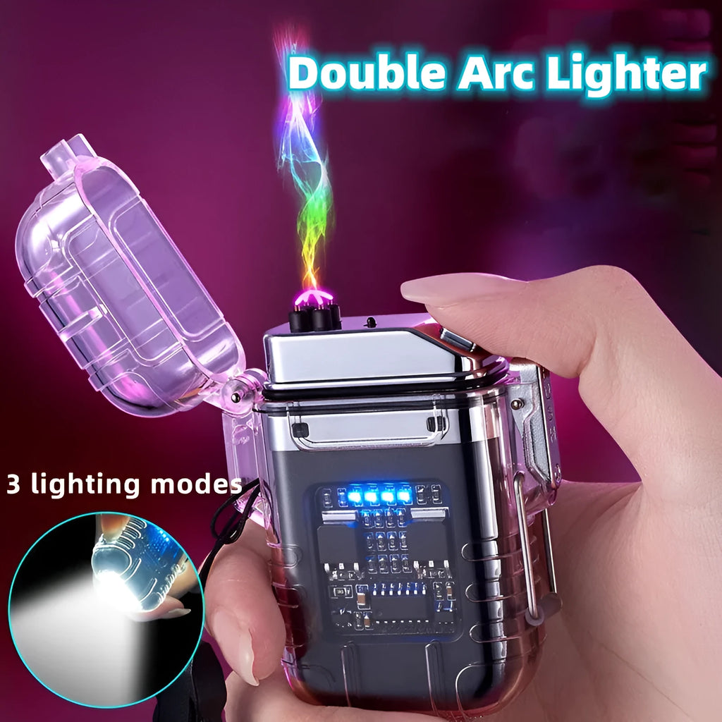 Transparent plastic dual arc lighter with USB charging port and side activation button