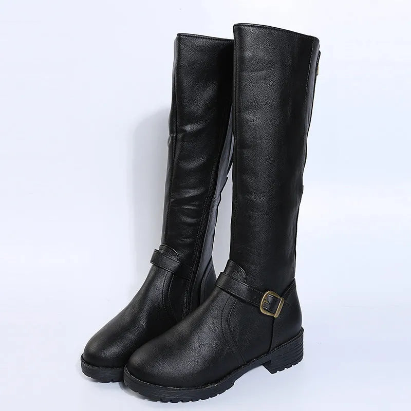 Women's black knight high boots with a square heel and a front belt buckle detail on a round toe.