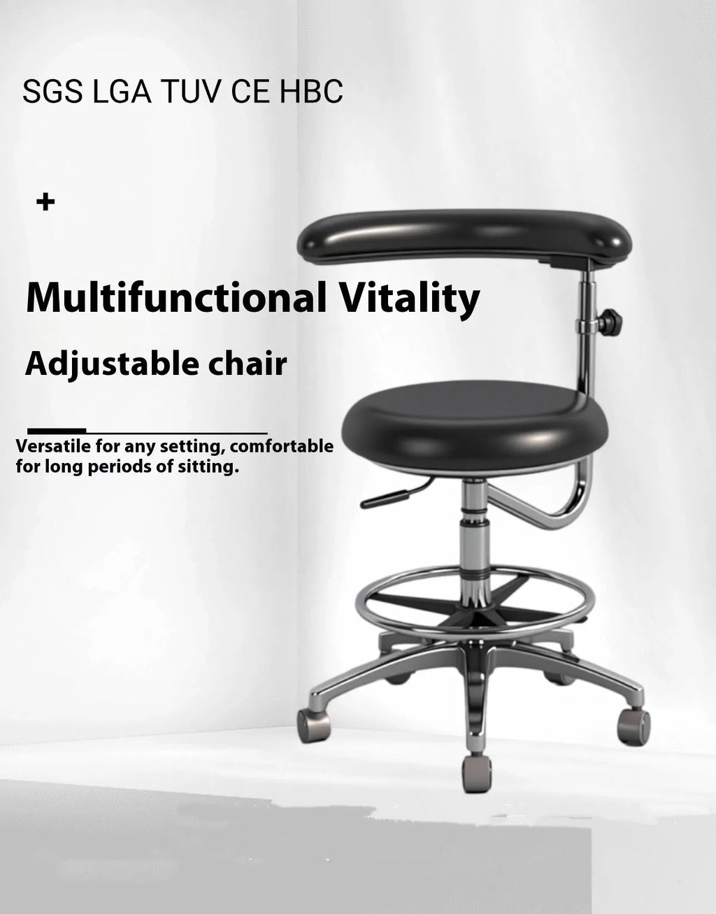 Black leather dental chair with adjustable height for clinical use