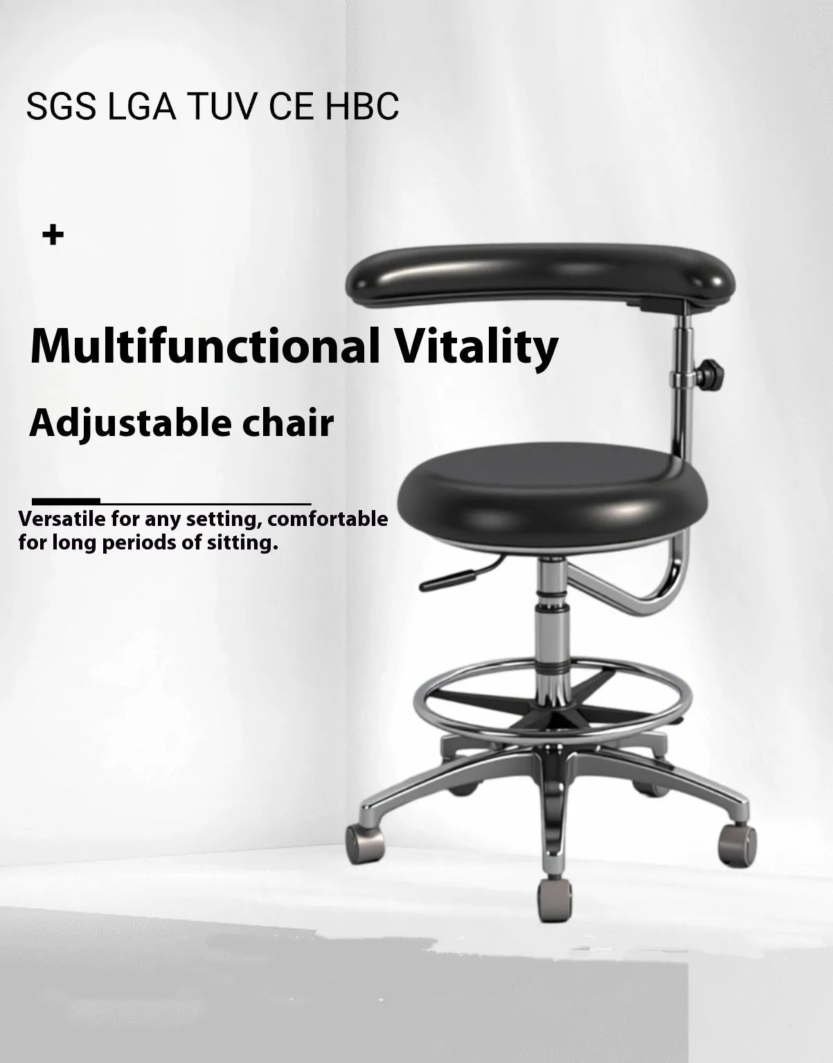 Black leather dental chair with adjustable height for clinical use