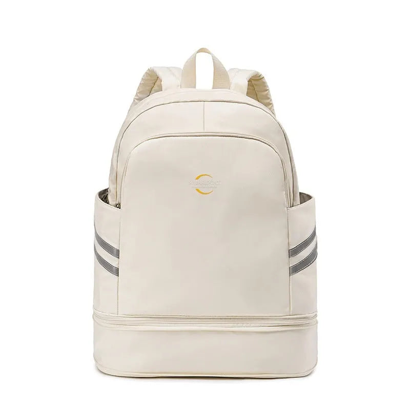 Large polyester travel backpack with dry wet separation compartments in beige colour with curved shoulder straps