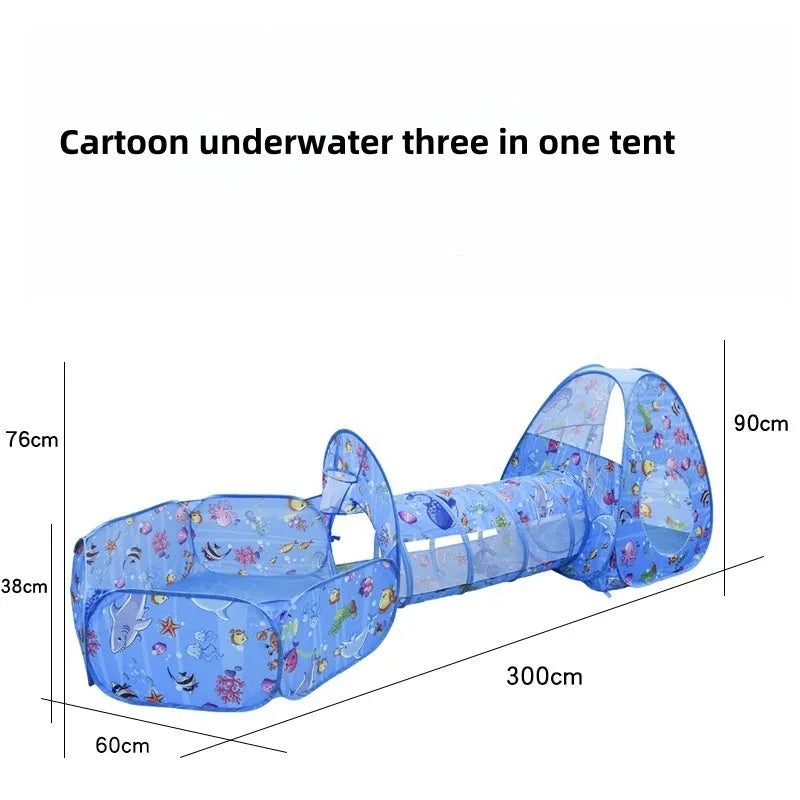 Three-piece children's play tent with marine cartoon design and tunnel sections for 4-6 year olds