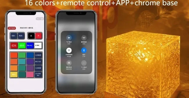 USB rechargeable LED water ripple night light with remote control on a table.