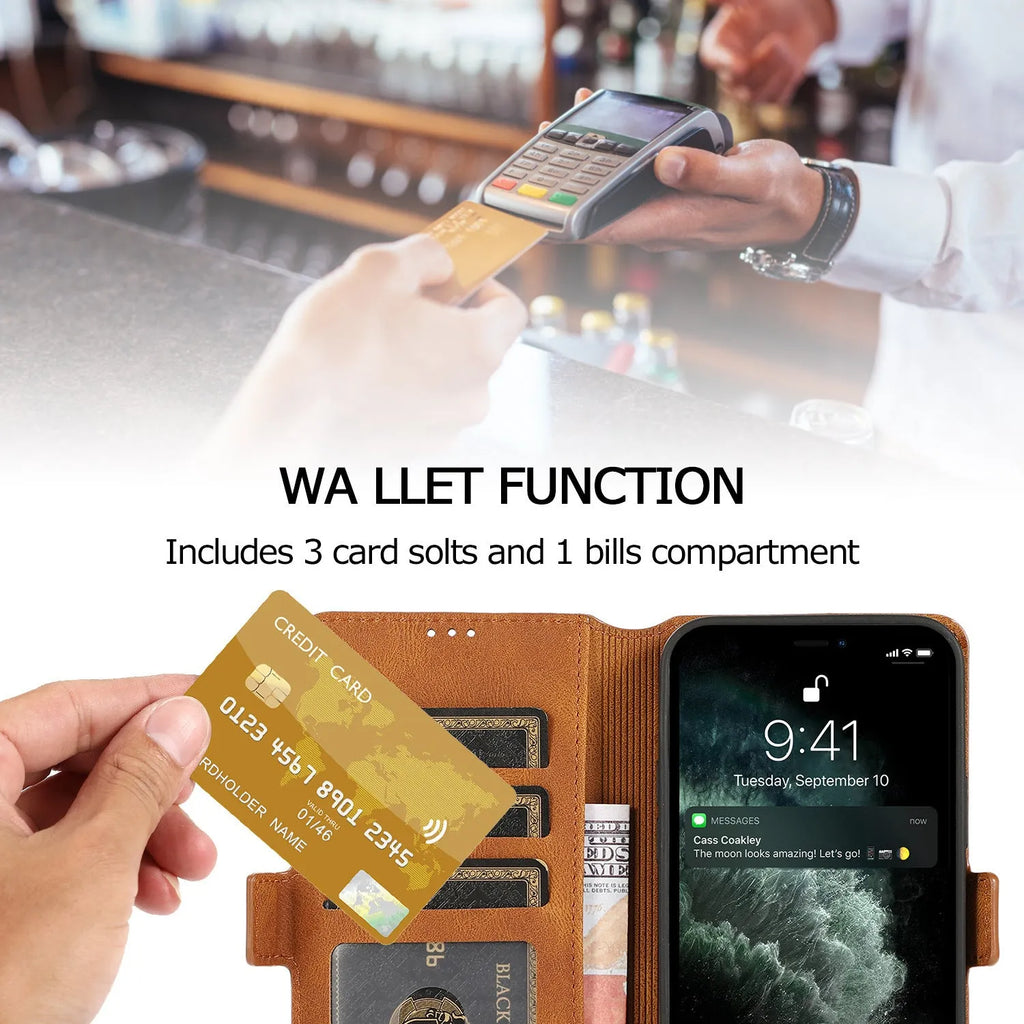 Samsung flip phone case with card slot, photo frame, bracket, and magnetic suction in black PU TPU