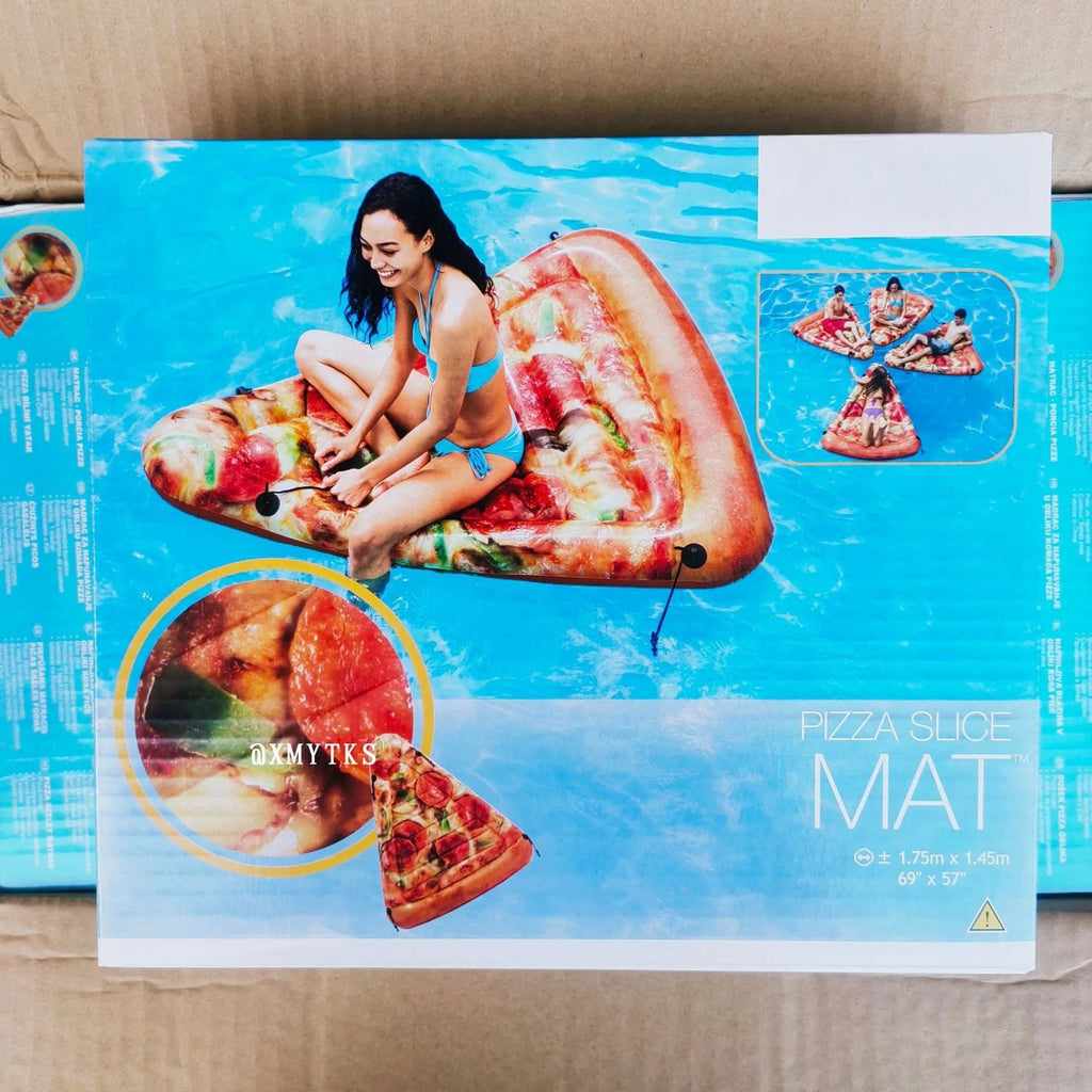 Pizza design inflatable surfboard recliner floating in pool, showing 175cm length and colourful pattern