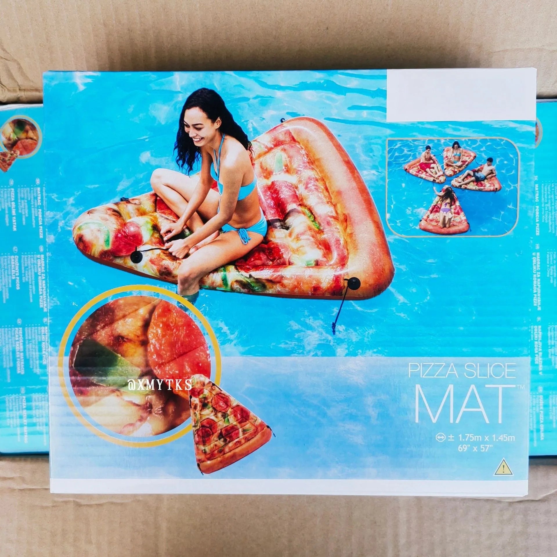Pizza design inflatable surfboard recliner floating in pool, showing 175cm length and colourful pattern