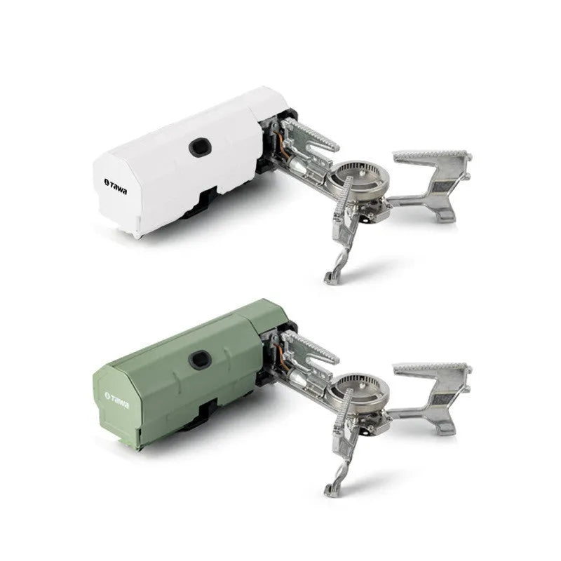 Green portable folding gas stove with adjustable valve and serrated bracket for camping