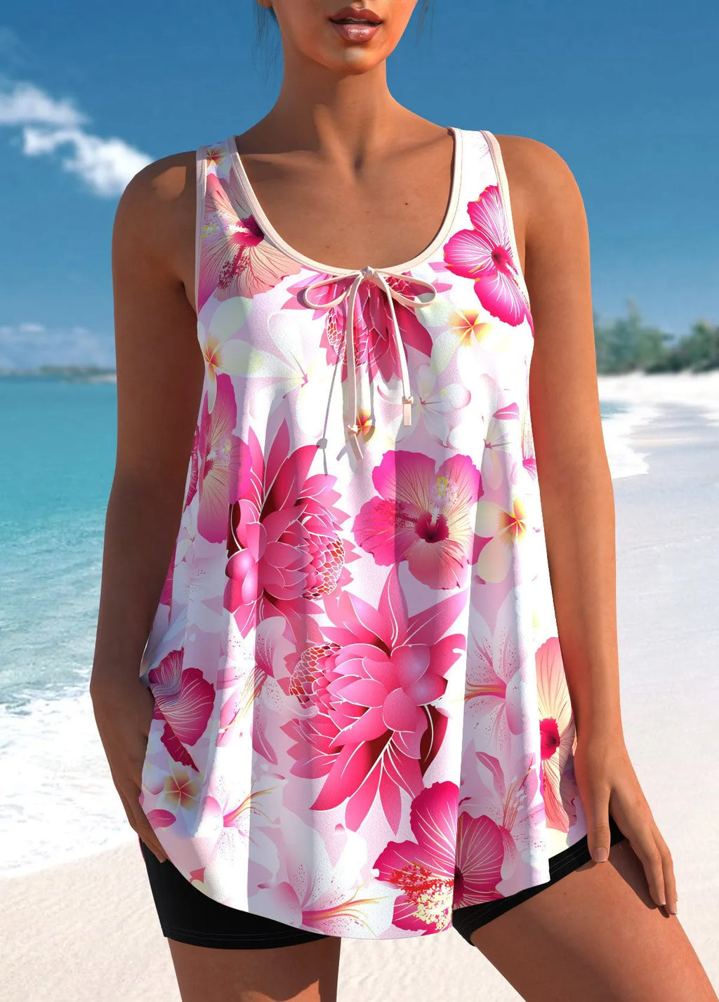 Plus size women's pink floral printed tankini swimsuit set with backless top and high-waisted briefs.