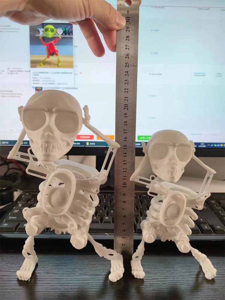 3D printed skeleton man toy in 22cm and 17cm sizes with dancing skeleton pink white, red green, and white options