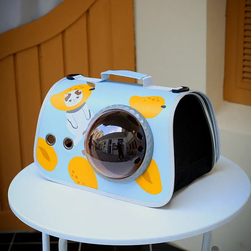 Transparent portable cat carry bag with cartoon pattern, 12kg capacity nylon pet carrier