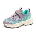 Children's black and purple striped lace-up trainer shoes with mesh fabric upper