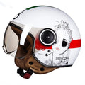 Retro-style lightweight half motorcycle helmet in a bright two-tone colour, shown on a white background.