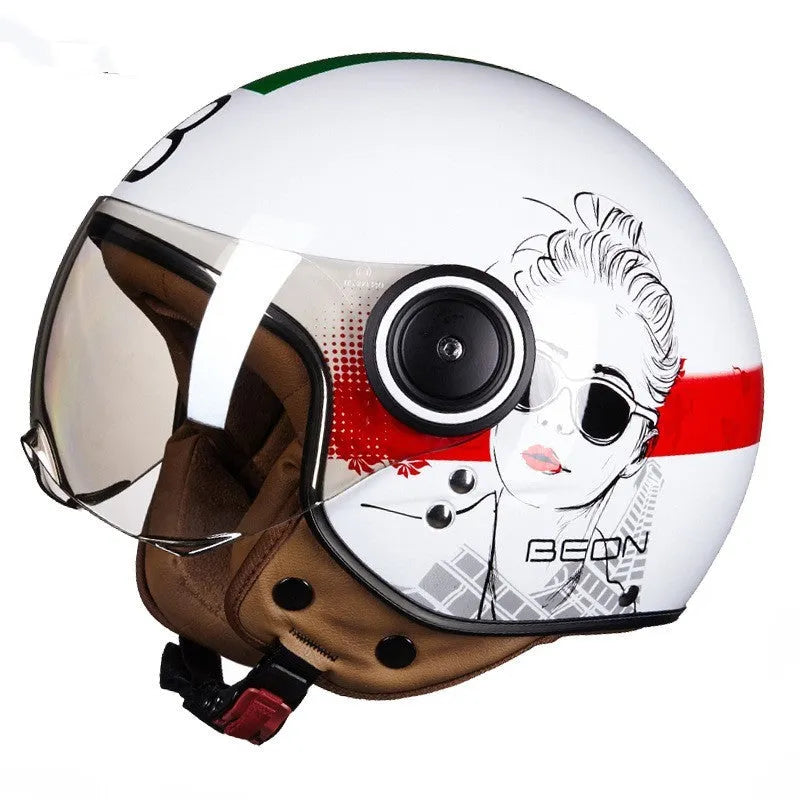 Retro-style lightweight half motorcycle helmet in a bright two-tone colour, shown on a white background.