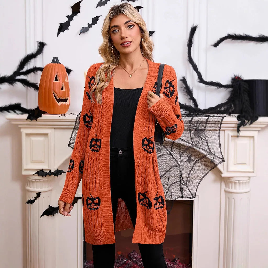 Women's black cardigan with orange pumpkin head jacquard pattern, regular sleeves, medium 65cm length