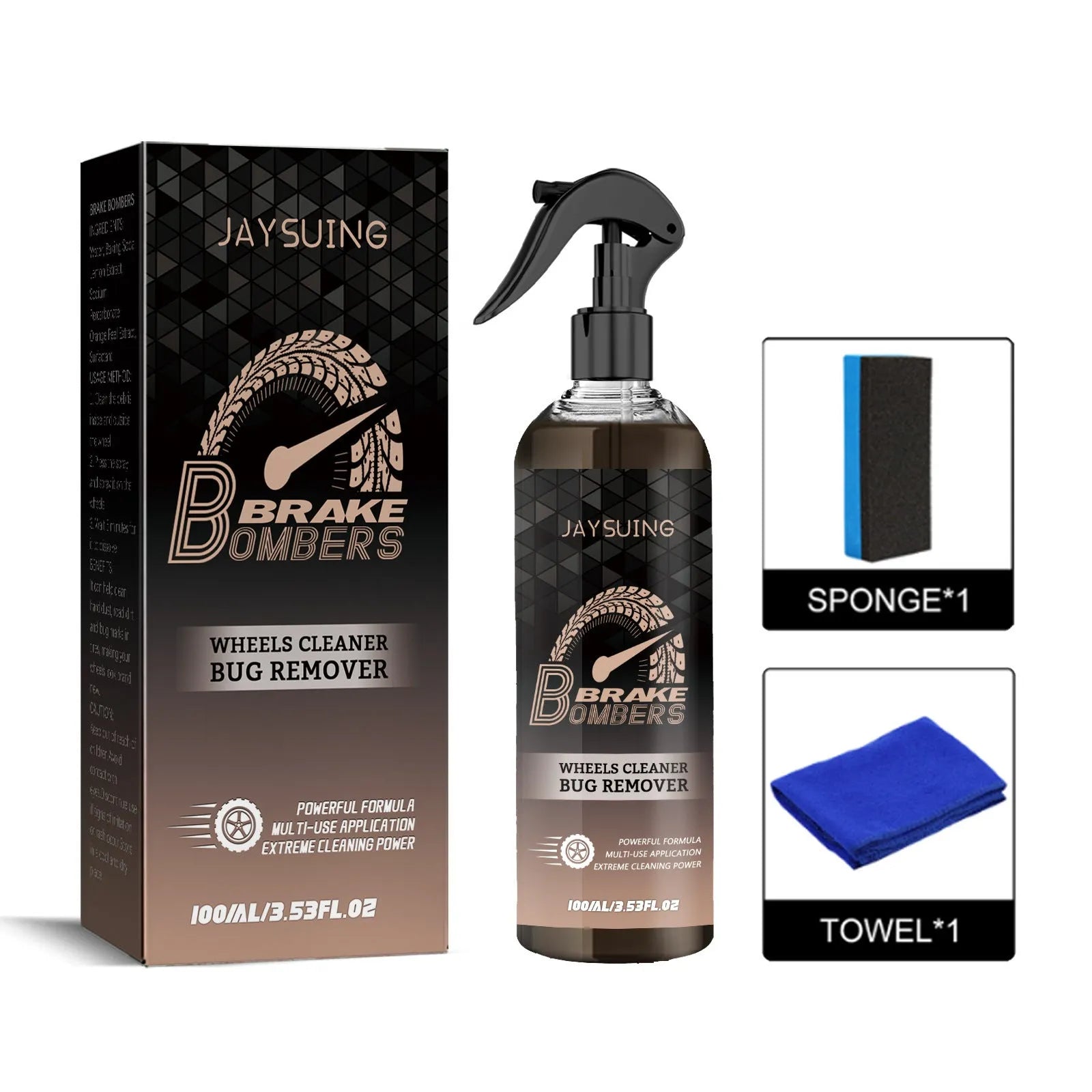 Car brake cleaner kit containing 100ml rust removal cleanser bottle, cleaning sponge, and microfibre cloth for disc maintenance