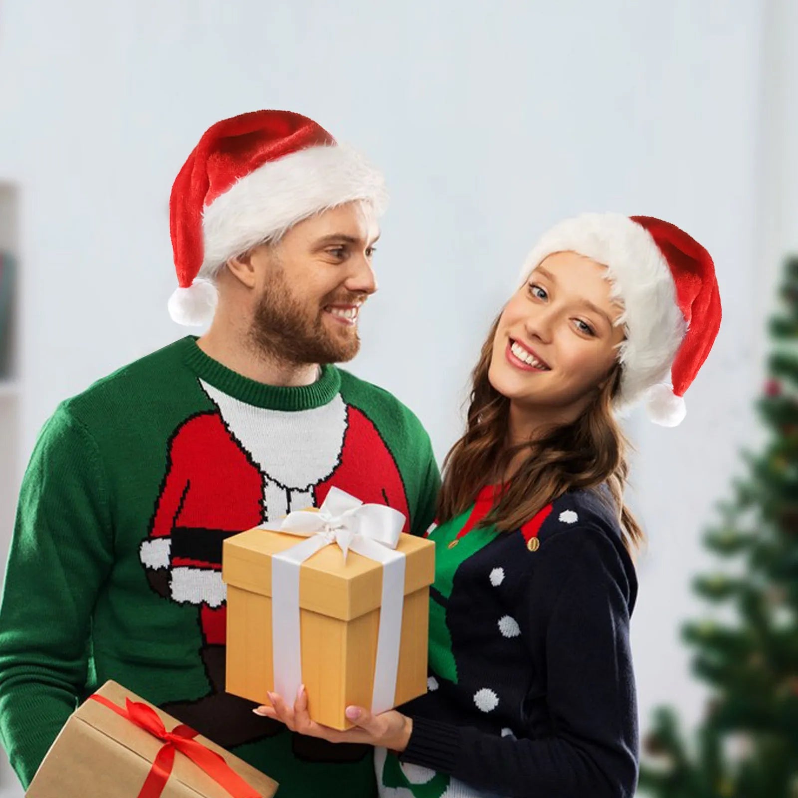Red and white plush Santa hat with LED lights glowing around the brim and decorative pompom