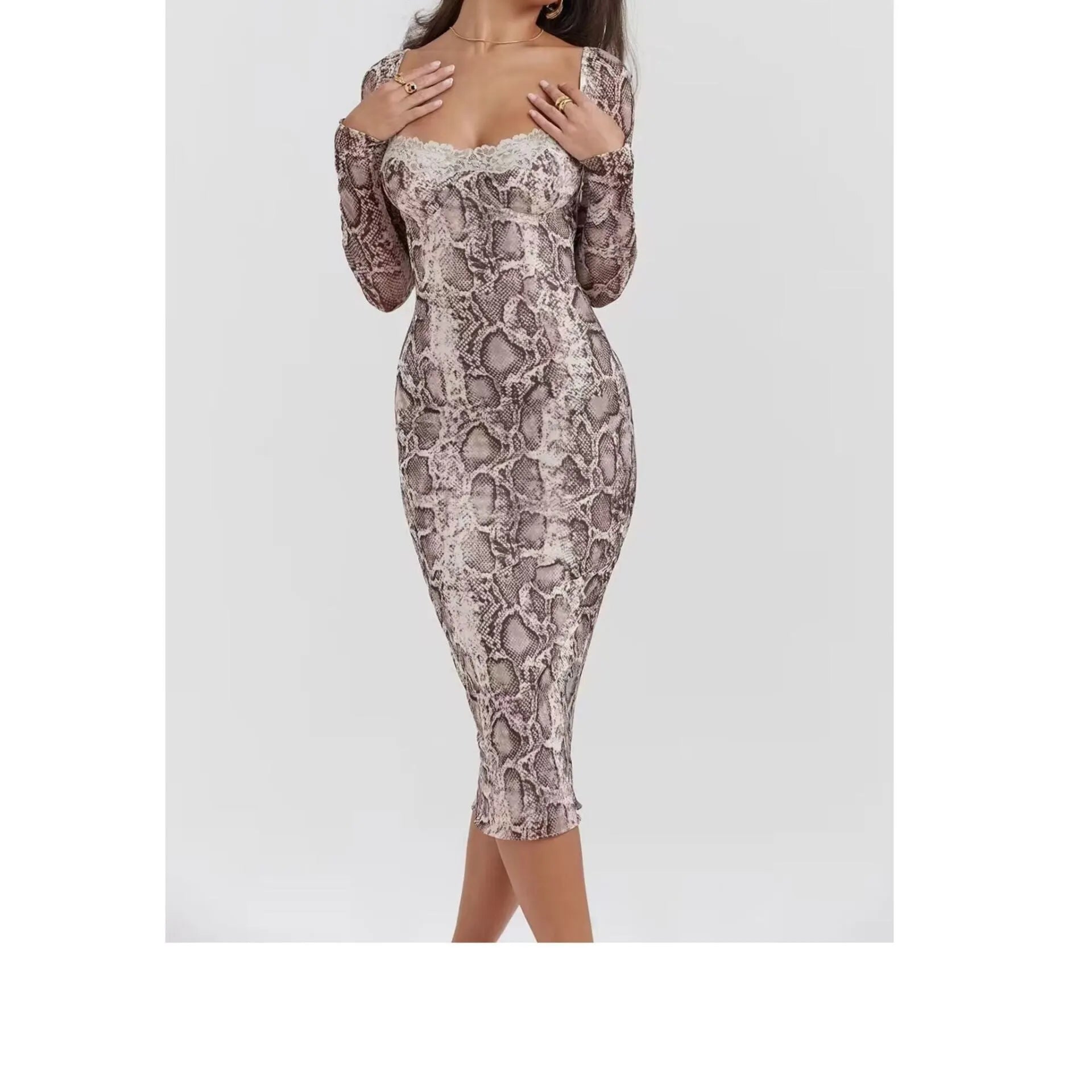 Grey digital printed lace dress with 3D pattern, A-line skirt, and long sleeves in slim fit