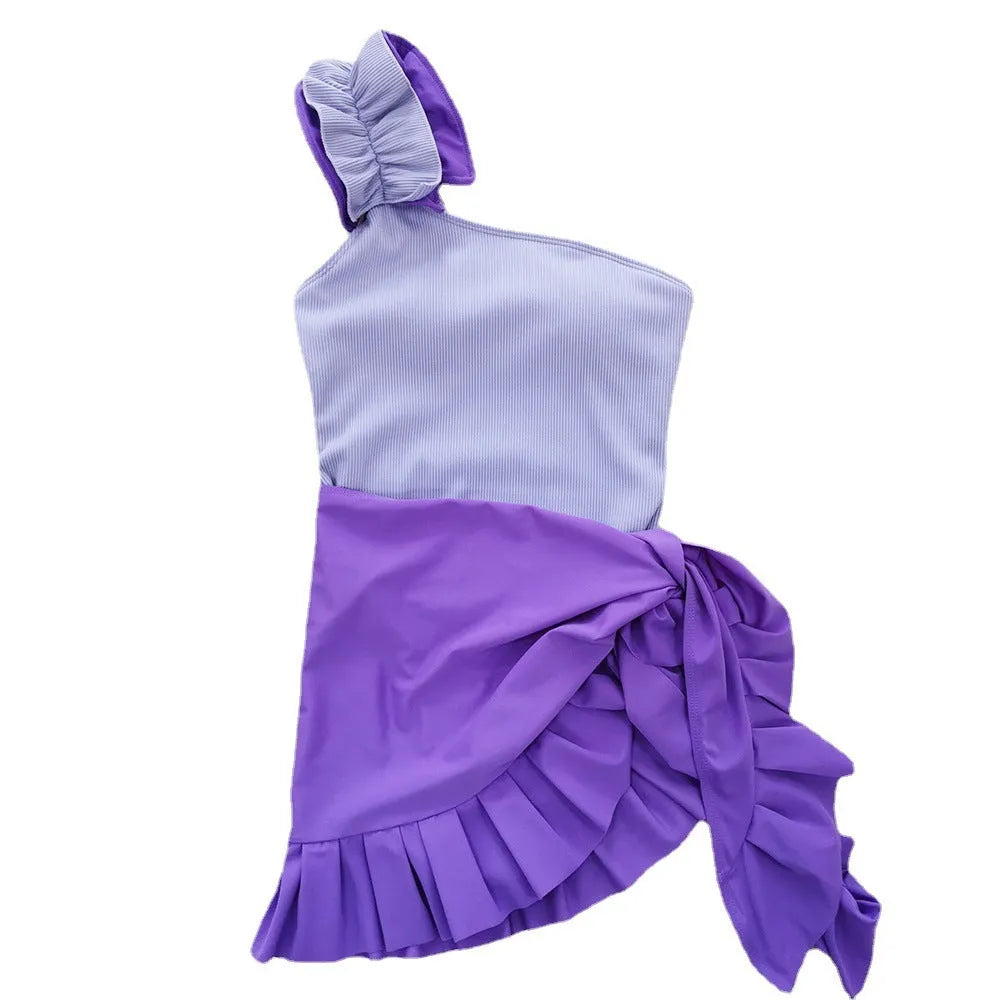 Women's single-shoulder suspender tube top one-piece swimsuit with high-waist design in solid colour