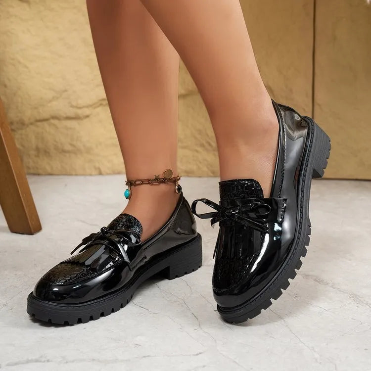 Women's brown bow loafers with artificial PU uppers for spring and autumn wear